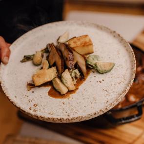 Braised portobello with root jus